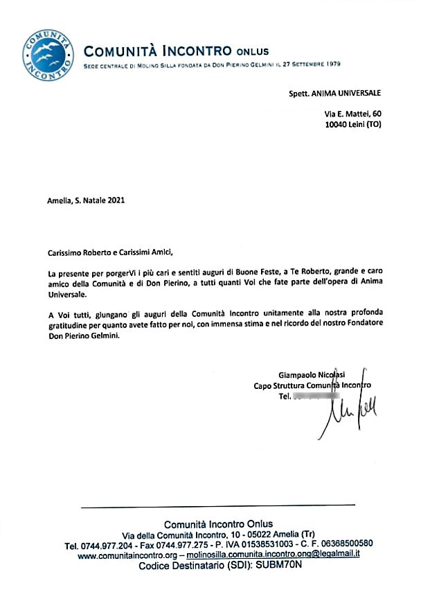 Letter from Comunità Incontro